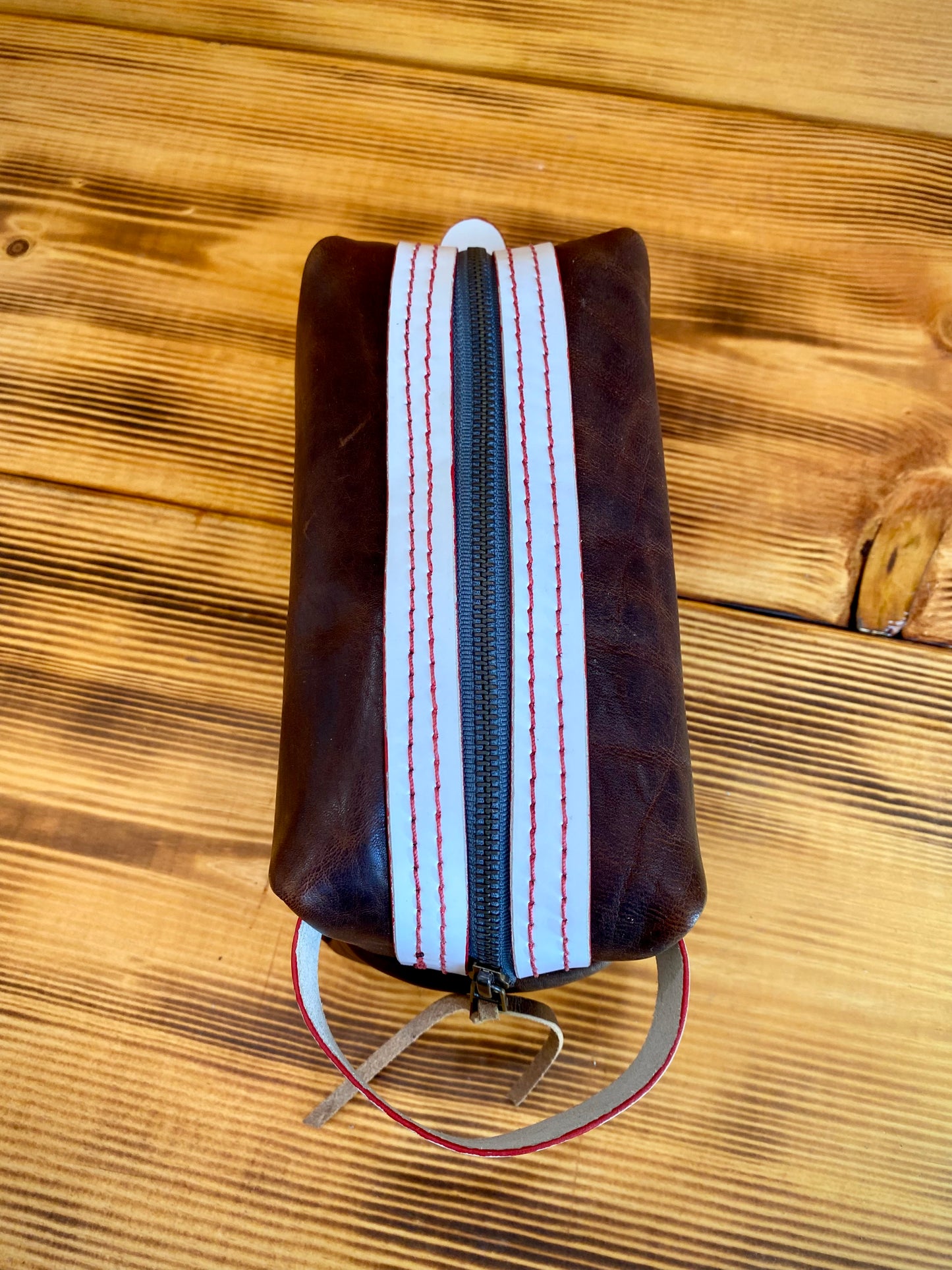Kaiju Cut and Sew Brown Horween Leather Dopp Kit with Japanese Fabric liner | Handmade in Austin, Texas