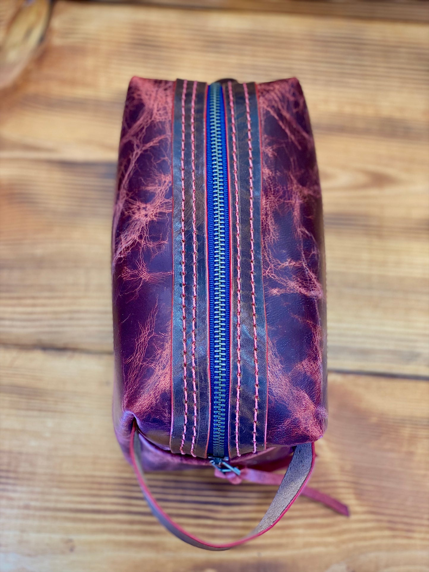 Kaiju Cut and Sew Fire Red Horween Leather Dopp Kit with Japanese Fabric liner | Handmade in Austin, Texas