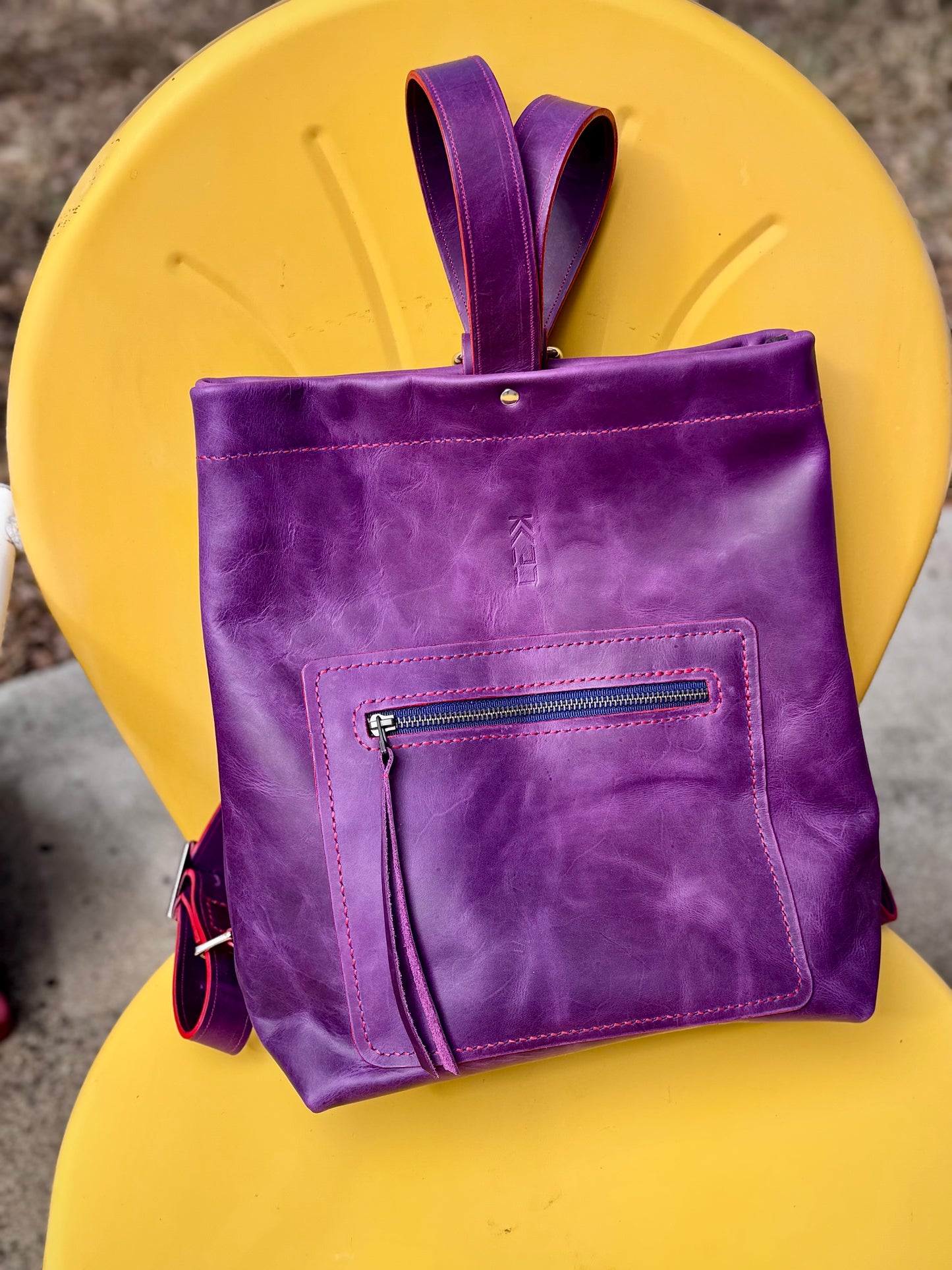 Kaiju Cut and Sew Backpack | Purple Horween Leather & Japanese Fabric Interior | Handmade in Austin, Texas
