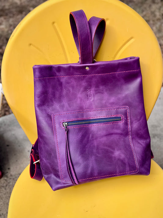 Kaiju Cut and Sew Backpack | Purple Horween Leather & Japanese Fabric Interior | Handmade in Austin, Texas