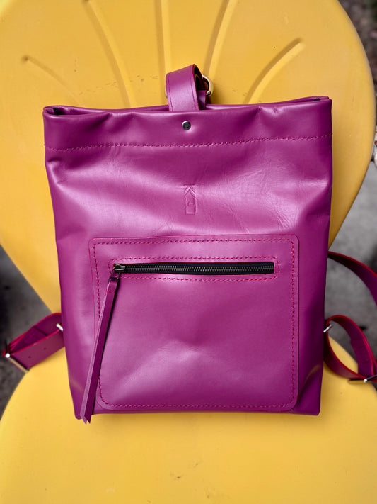 Kaiju Cut and Sew Backpack | Raspberry Horween Leather & Japanese Fabric Interior | Handmade in Austin, Texas
