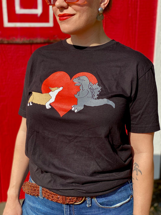 Kaiju Cut and Sew Corgi / Goji “Love” | Screen Printed | Unisex Short Sleeve T-Shirt