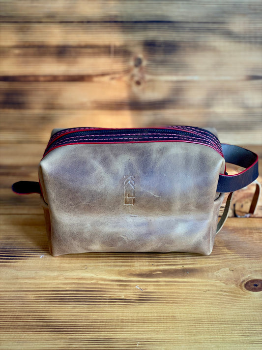 Kaiju Cut and Sew Brown Horween Leather Dopp Kit with Black Maneki Neko Japanese Fabric Liner | Handmade in Austin, Texas