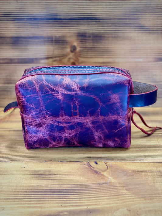 Kaiju Cut and Sew Fire Red Horween Leather Dopp Kit with Japanese Fabric liner | Handmade in Austin, Texas