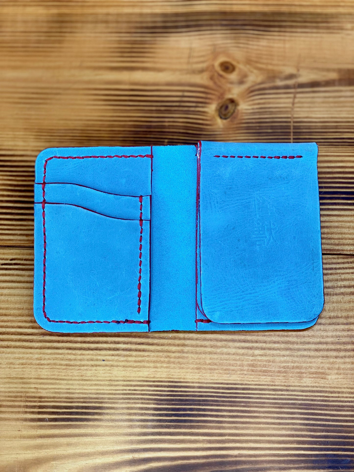 Kaiju Cut and Sew Baby Blue Bi-Fold Vertical Wallet with Money Clip | Handmade in Austin, TX