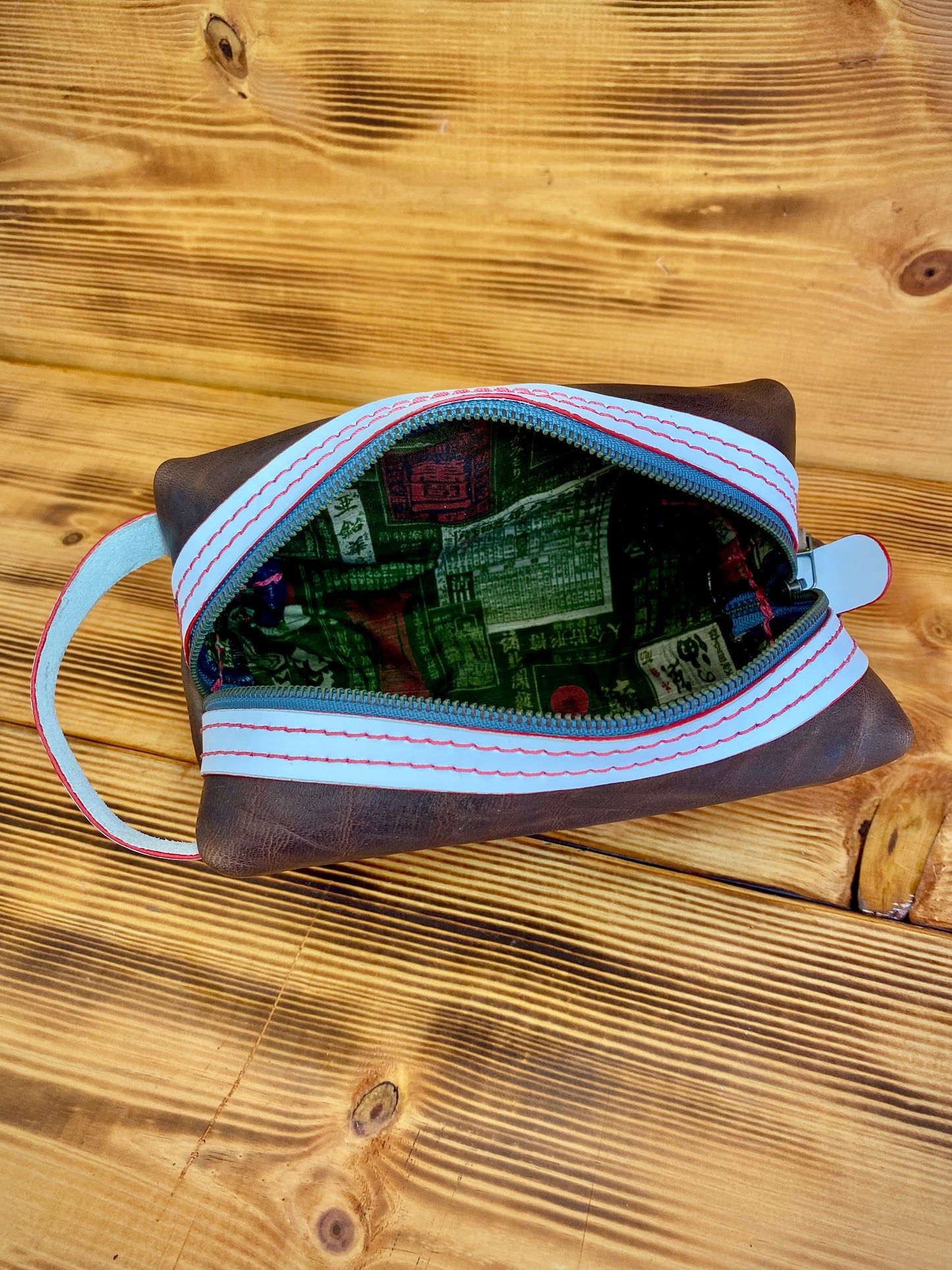 Kaiju Cut and Sew Brown Horween Leather Dopp Kit with Japanese Fabric liner | Handmade in Austin, Texas