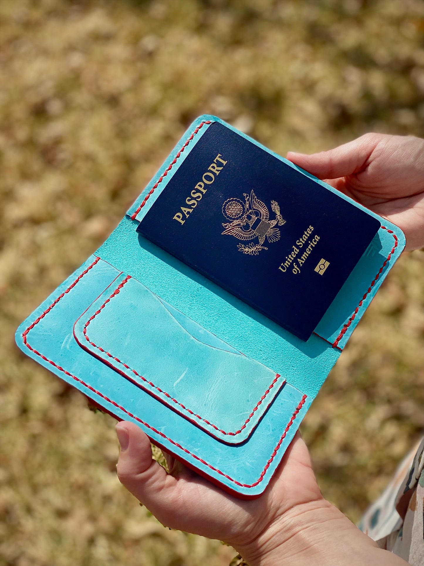 Kaiju Cut and Sew Field Notes/Passport Cover with Credit Card Pocket | Baby Blue Horween Leather | Handmade in Austin, Texas