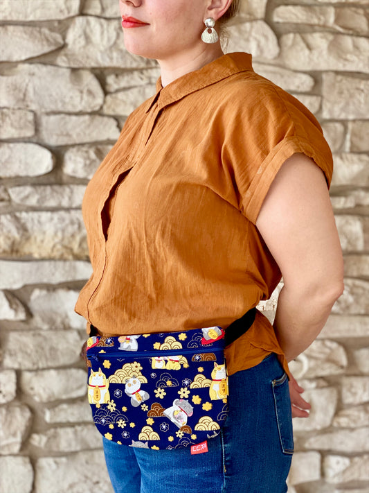 Kaiju Cut and Sew Golden Maneki Neko Fanny Pack with built in 6 card slot wallet