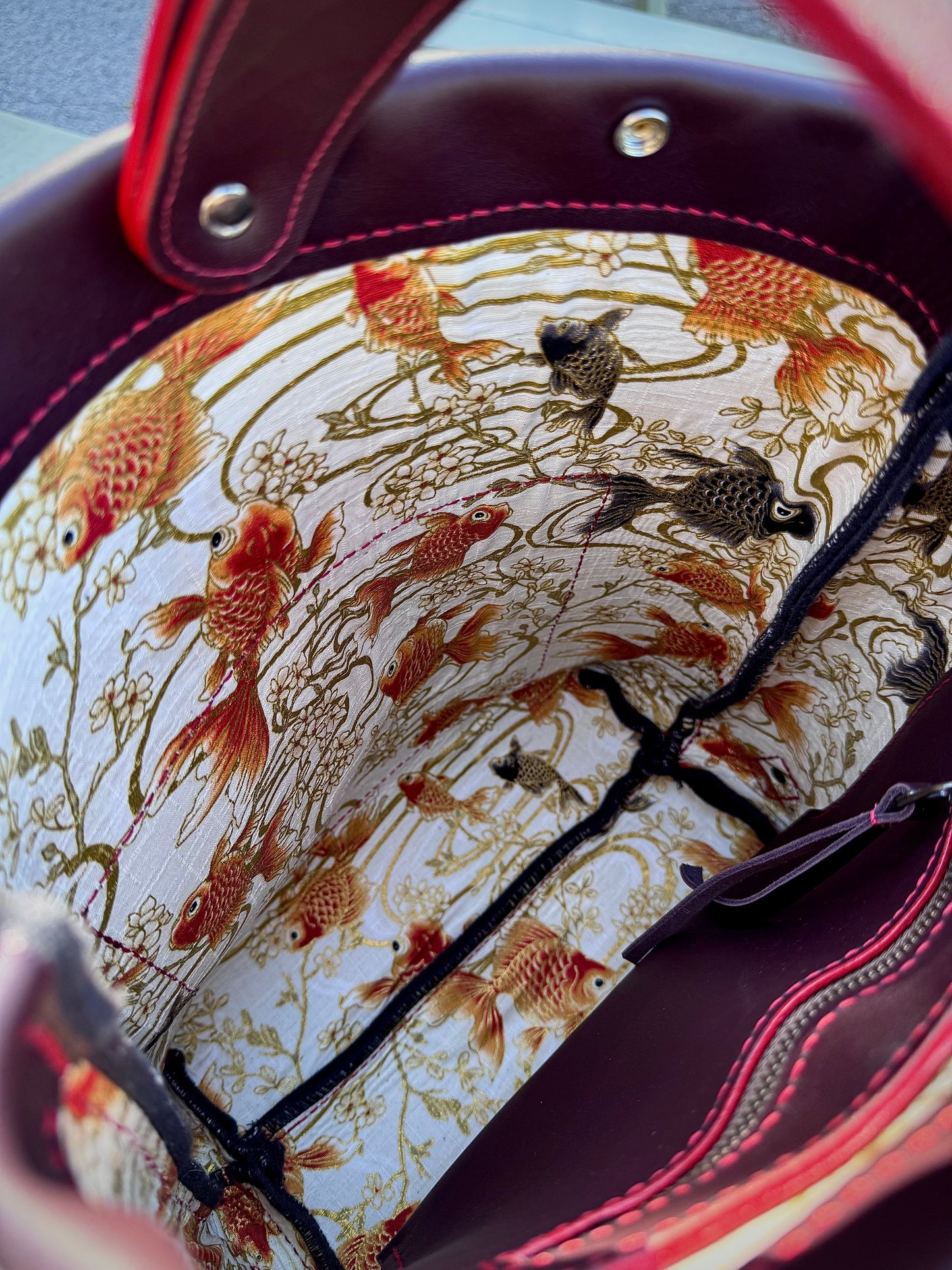 Kaiju Cut and Sew Leather Backpack | Fire Red Horween Leather & Japanese Fabric Interior | Handmade in Austin, Texas
