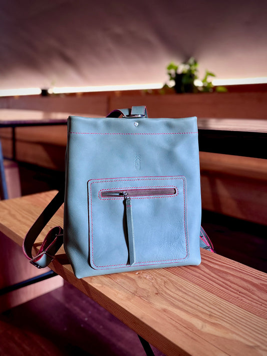 Kaiju Cut and Sew Leather Backpack | Olive Leather & Japanese Fabric Interior | Handmade in Austin, Texas