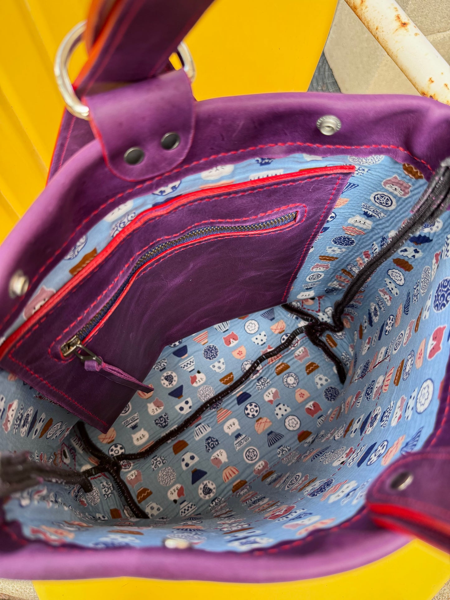 Kaiju Cut and Sew Backpack | Purple Horween Leather & Japanese Fabric Interior | Handmade in Austin, Texas