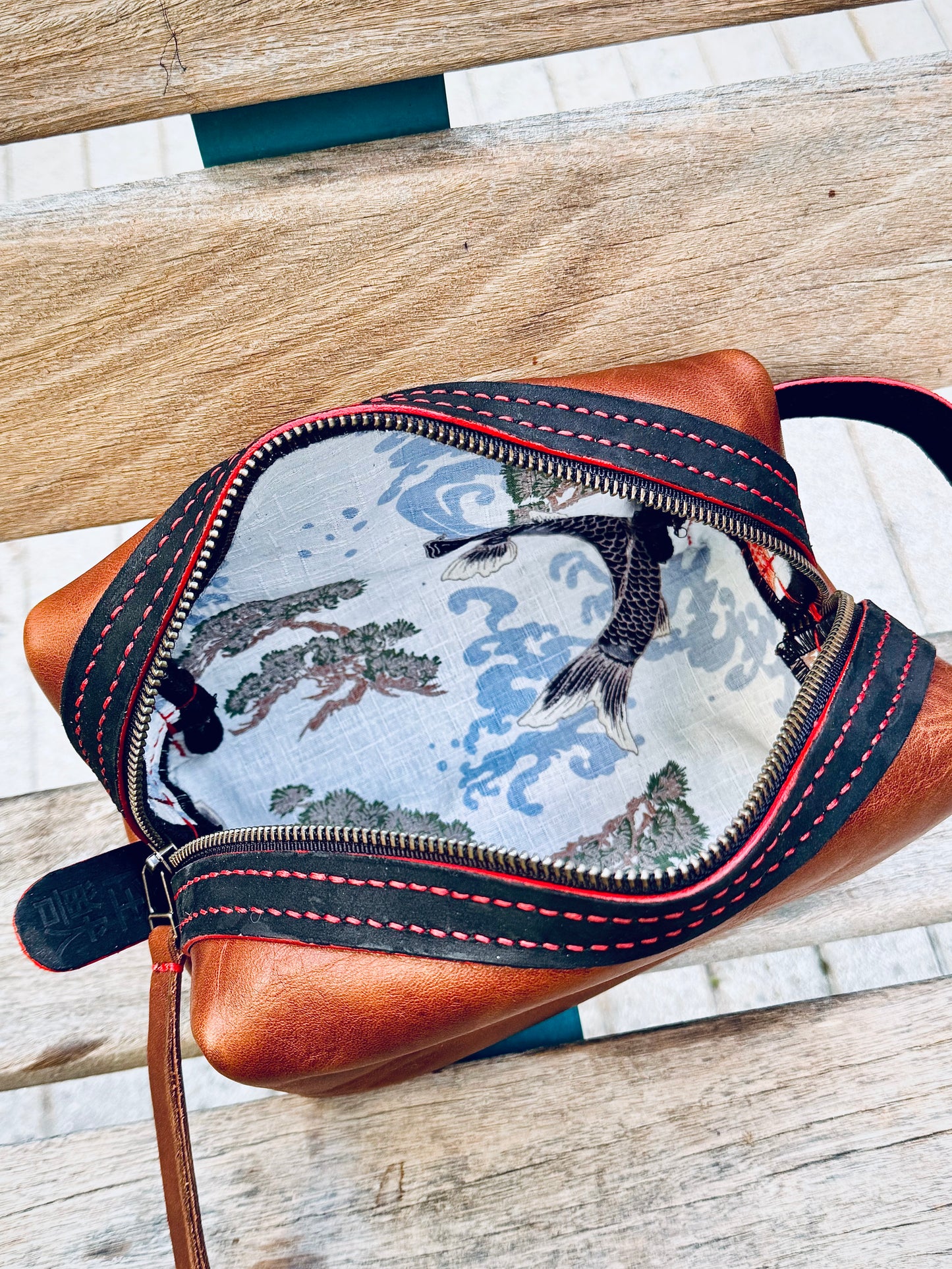 Kaiju Cut and Sew Brown Horween Leather Dopp Kit with Japanese Fabric liner | Handmade in Austin, Texas