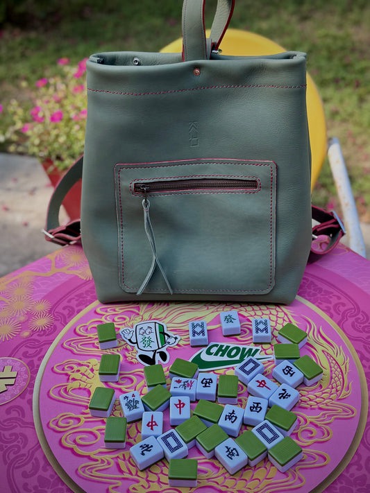 Kaiju Cut and Sew Leather Backpack | Olive Leather & Japanese Fabric Interior | Handmade in Austin, Texas