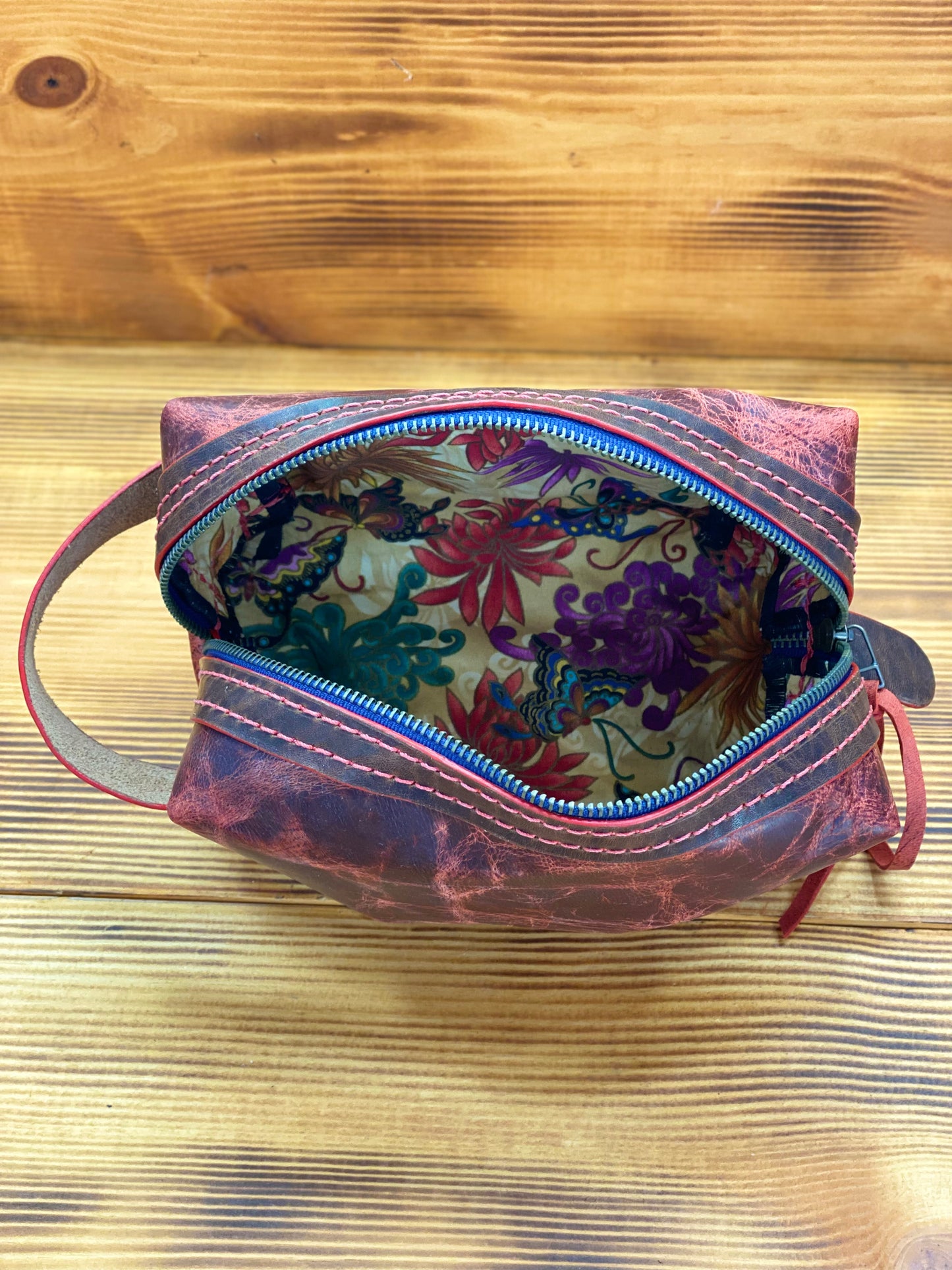 Kaiju Cut and Sew Fire Red Horween Leather Dopp Kit with Japanese Fabric liner | Handmade in Austin, Texas