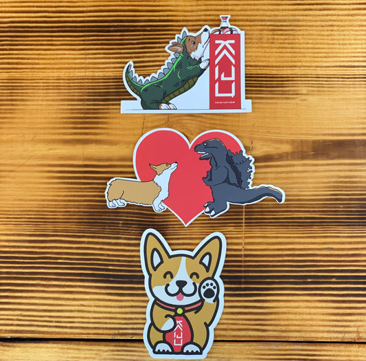 Kaiju Waffles Tha Corgi 3 Pack | Waffles Tha Corgi, Wafflezilla, Corgi/Goji Love | Vinyl Stickers | Made in Austin, Texas