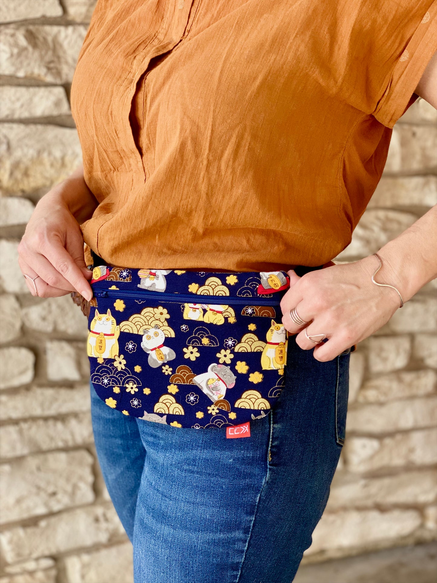 Kaiju Cut and Sew Golden Maneki Neko Fanny Pack with built in 6 card slot wallet