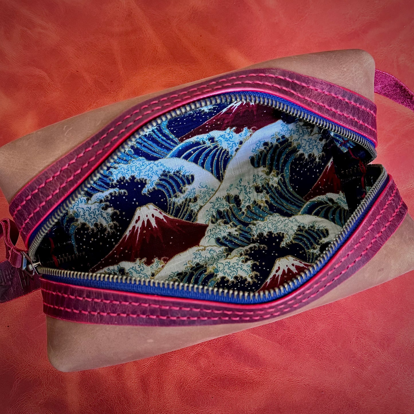 Kaiju Cut and Sew Light Brown Horween Leather Dopp Kit with Japanese Fabric liner | Handmade in Austin, Texas