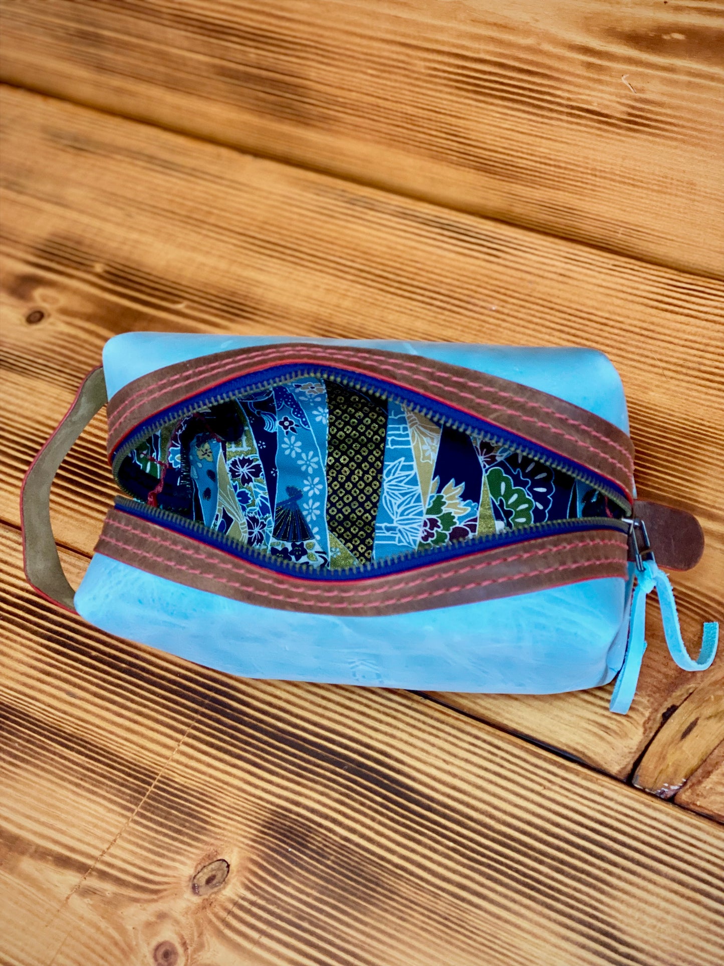 Kaiju Cut and Sew Baby Blue Horween Leather Dopp Kit with Japanese Fabric liner | Handmade in Austin, Texas