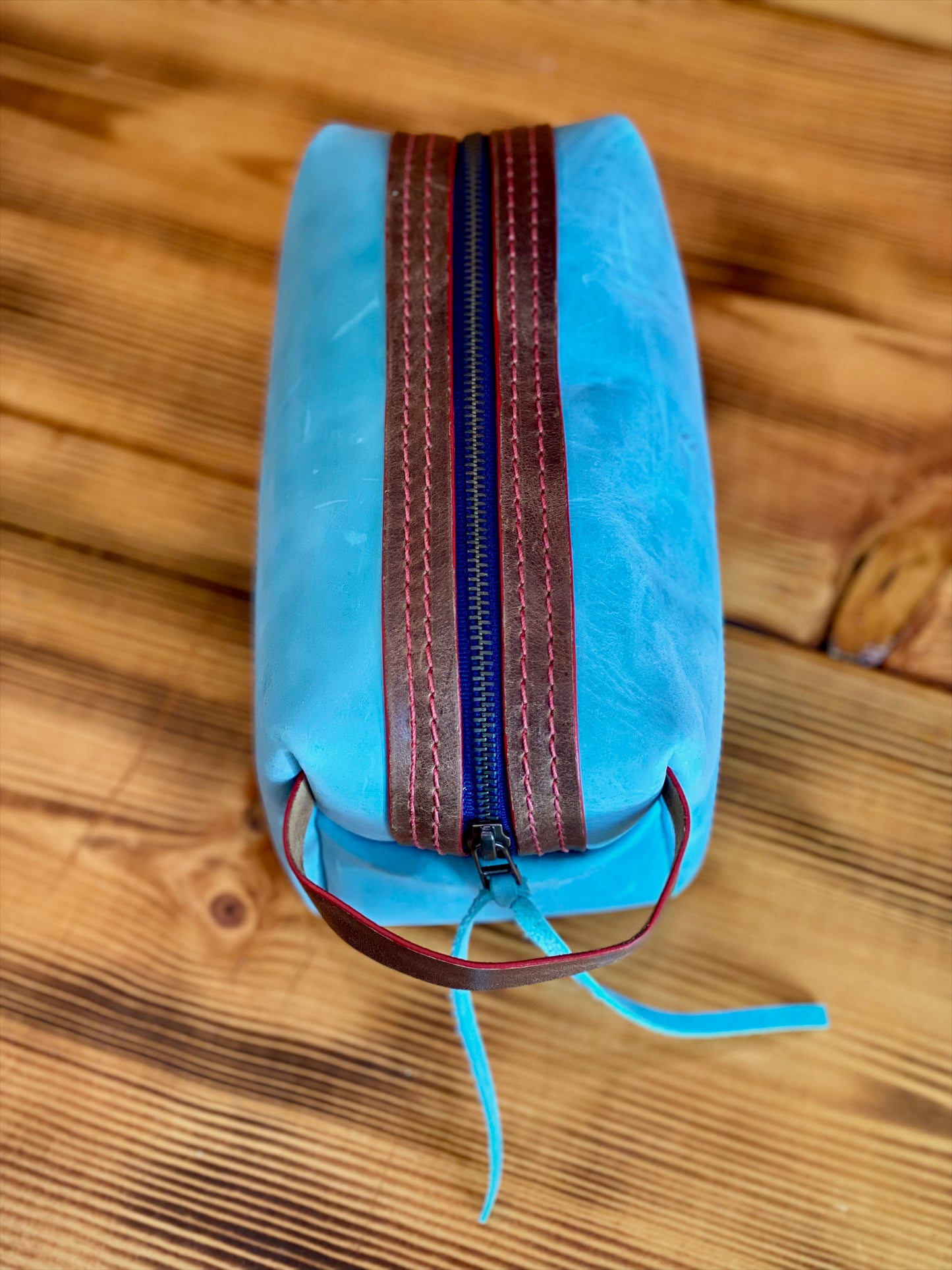 Kaiju Cut and Sew Baby Blue Horween Leather Dopp Kit with Japanese Fabric liner | Handmade in Austin, Texas