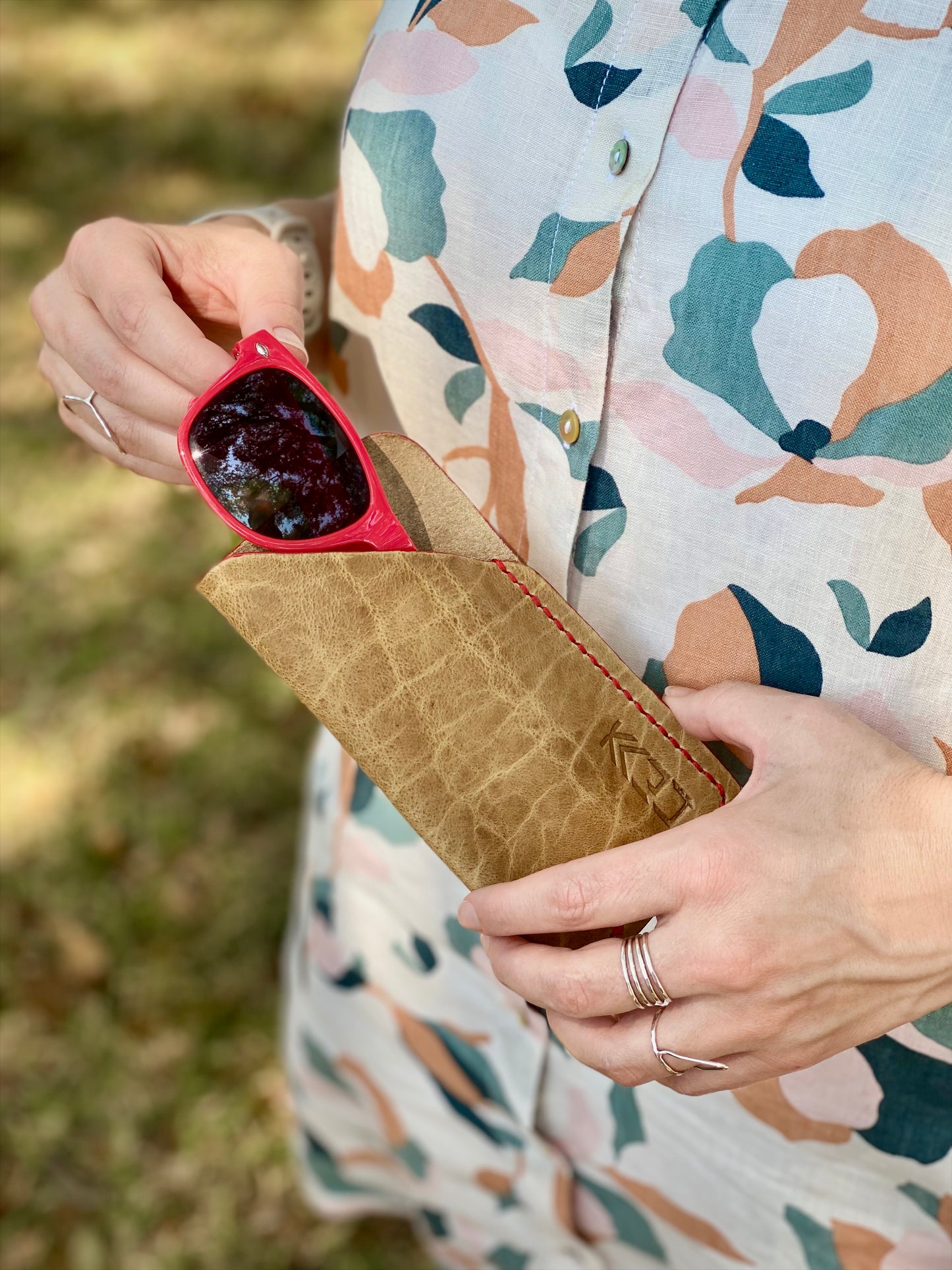 Kaiju Cut and Sew Khaki Bison Leather Sunglasses / Glasses Case | Handmade in Austin, Texas