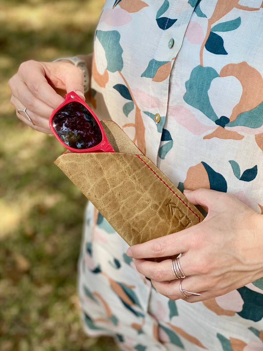 Kaiju Cut and Sew Khaki Bison Leather Sunglasses / Glasses Case | Handmade in Austin, Texas