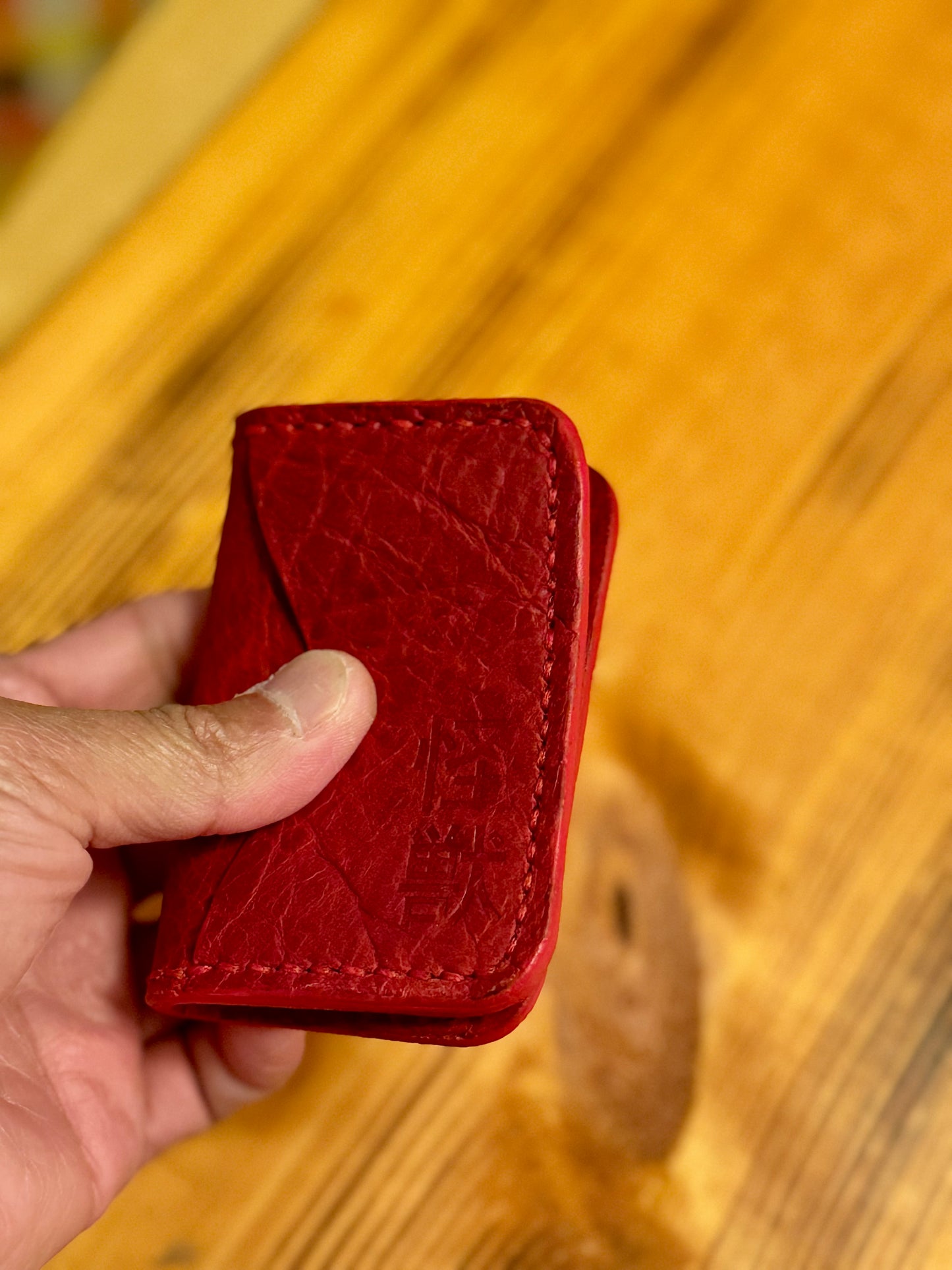 Kaiju Cut and Sew Anime Variant 2 |3 Pocket Bifold Minimalist Wallet | Red Bison Leather | Handmade in Austin, TX