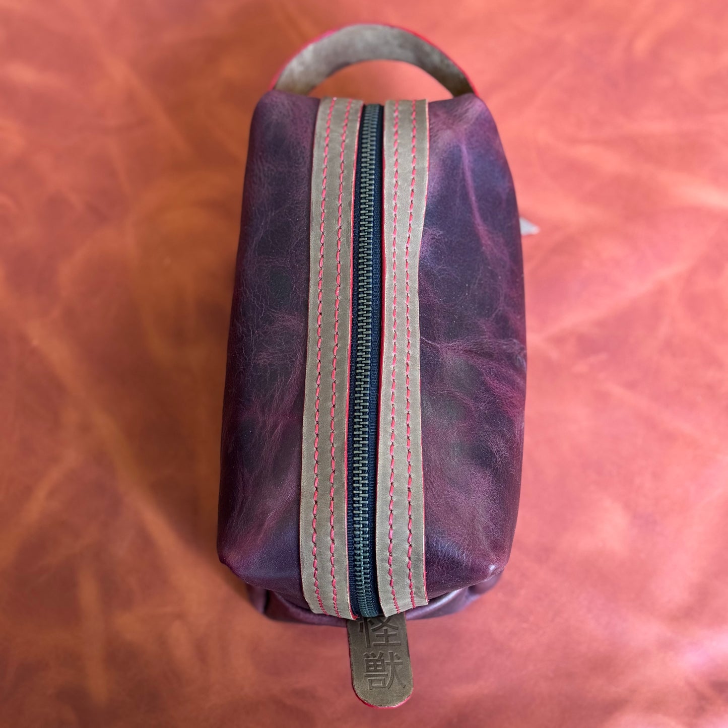 Kaiju Cut and Sew Fire Red Horween Leather Dopp Kit with Japanese Fabric liner | Handmade in Austin, Texas
