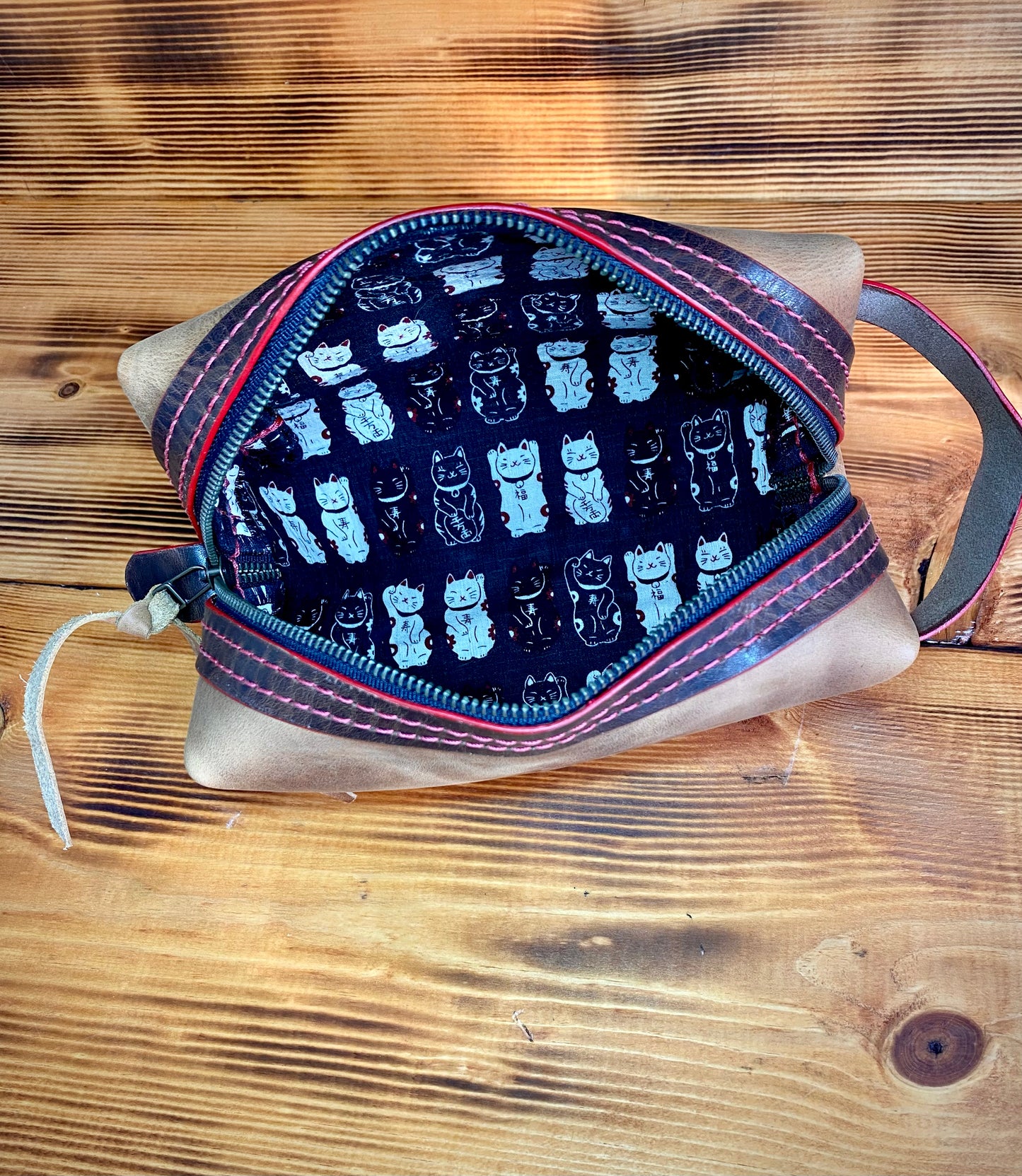 Kaiju Cut and Sew Brown Horween Leather Dopp Kit with Black Maneki Neko Japanese Fabric Liner | Handmade in Austin, Texas