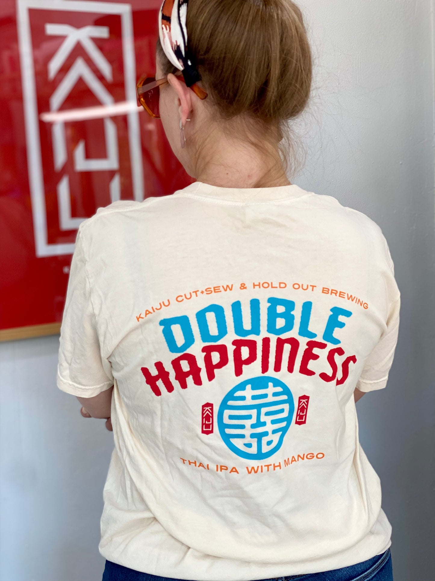 Kaiju Cut and Sew Screen Printed | Unisex | Comfort Colors Ivory | Kaiju Cut and Sew + Holdout Brewing Collaboration | “Double Happiness” T-Shirt