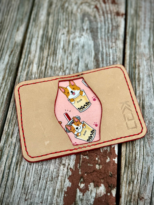 Kaiju Cut and Sew |Corgis & Boba Pink|3 Pocket Bifold Minimalist Wallet | Brown Horween Leather | Handmade in Austin, TX