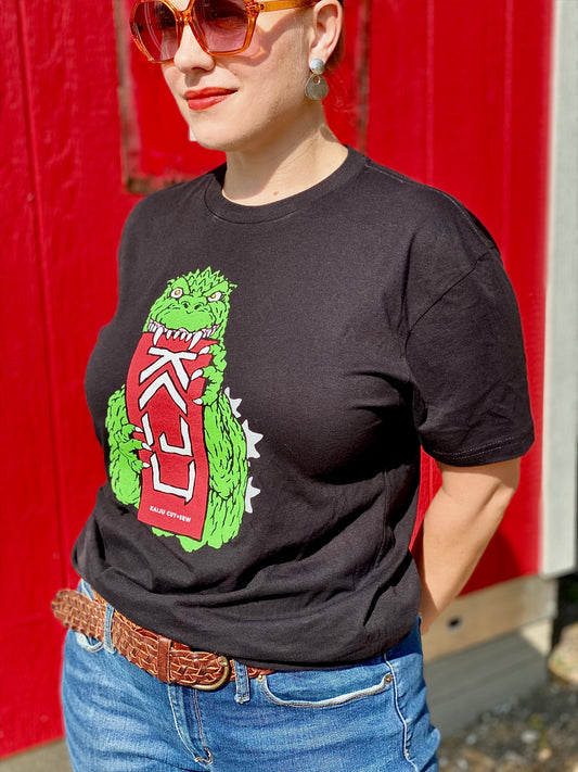 Kaiju Cut and Sew Godzilla Biting Logo Shirt | Screen Printed Unisex Black Next Level T-Shirt