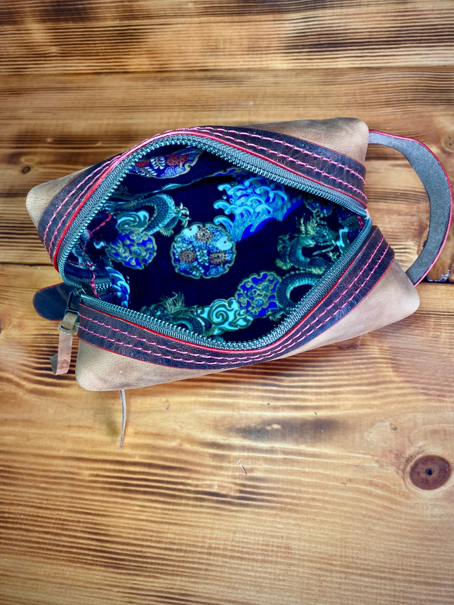 Kaiju Cut and Sew Brown Horween Leather Dopp Kit with Black Dragon’s Japanese Fabric Liner | Handmade in Austin, Texas