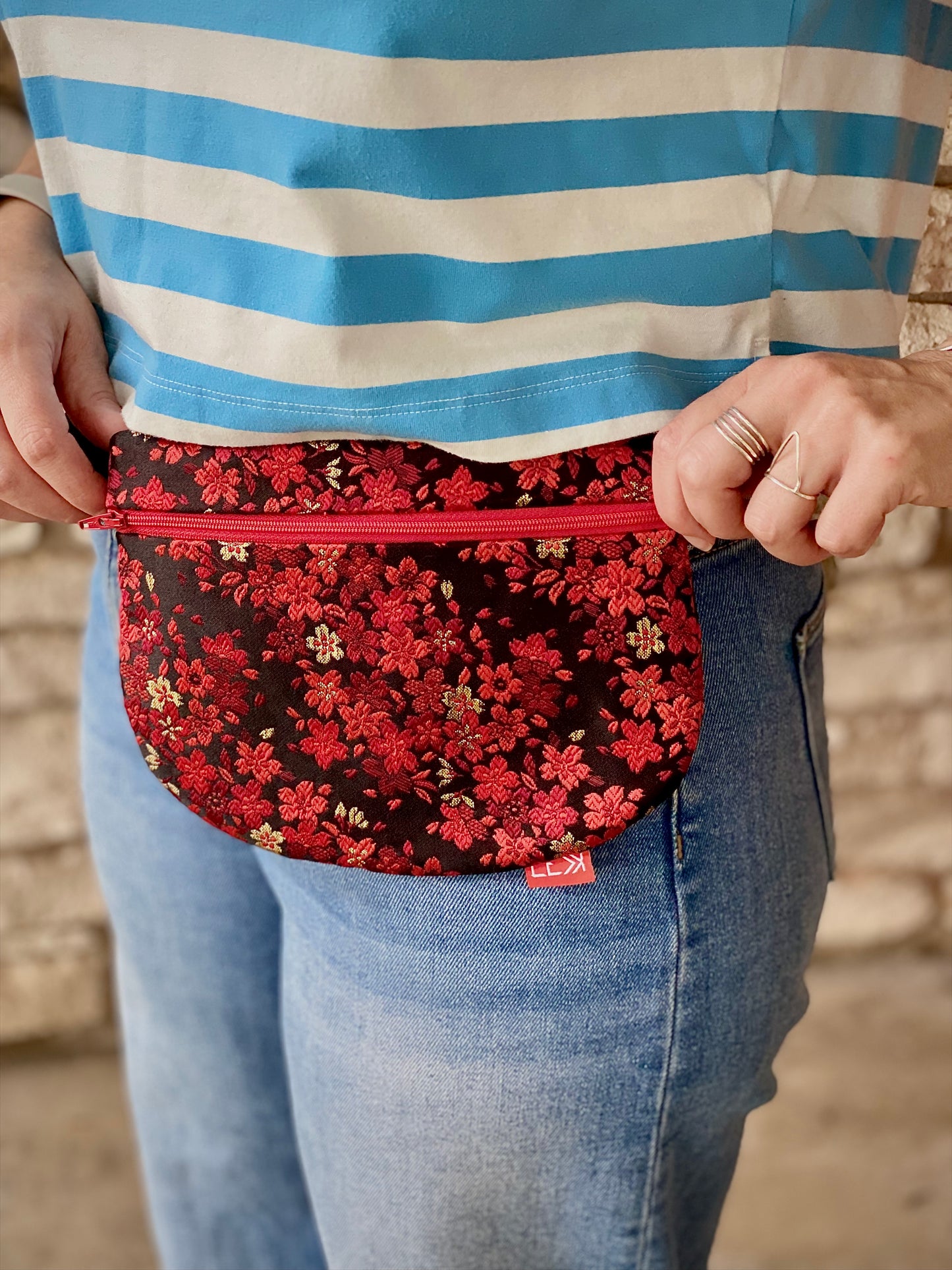 Kaiju Cut and Sew Red Sakuras Kimono Fanny Pack with built in 6 card slot wallet