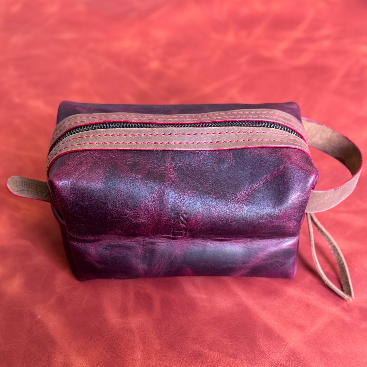 Kaiju Cut and Sew Fire Red Horween Leather Dopp Kit with Japanese Fabric liner | Handmade in Austin, Texas