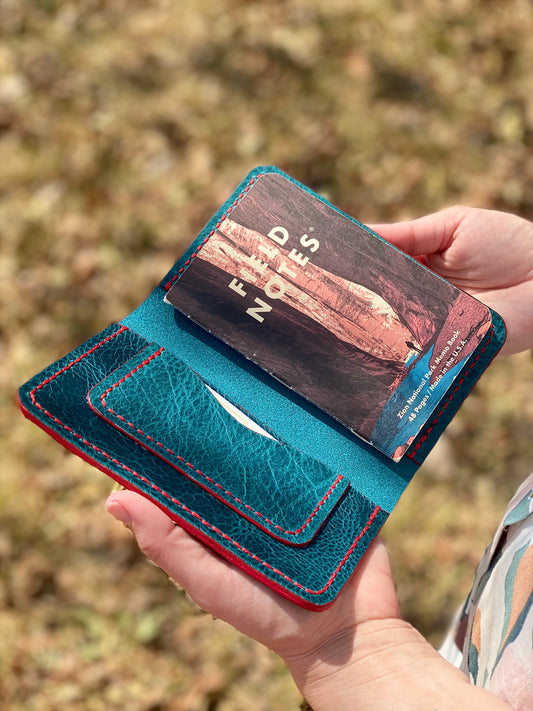Kaiju Cut and Sew Field Notes/Passport Cover with Credit Card Pocket | Blue Bison Leather | Handmade in Austin, Texas