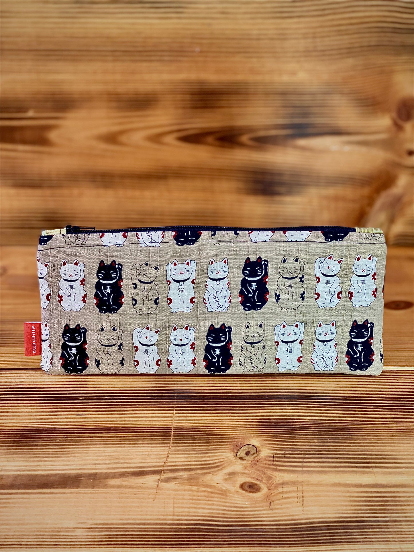 Kaiju Cut and Sew Khaki Maneki Neko Pencil Pouch | Handmade in Austin, Texas