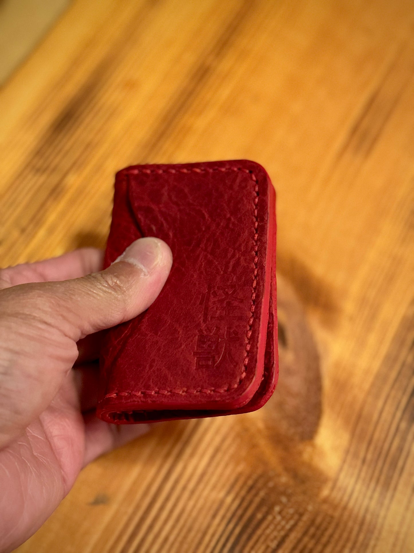 Kaiju Cut and Sew Anime Variant |3 Pocket Bifold Minimalist Wallet | Red Bison Leather | Handmade in Austin, TX