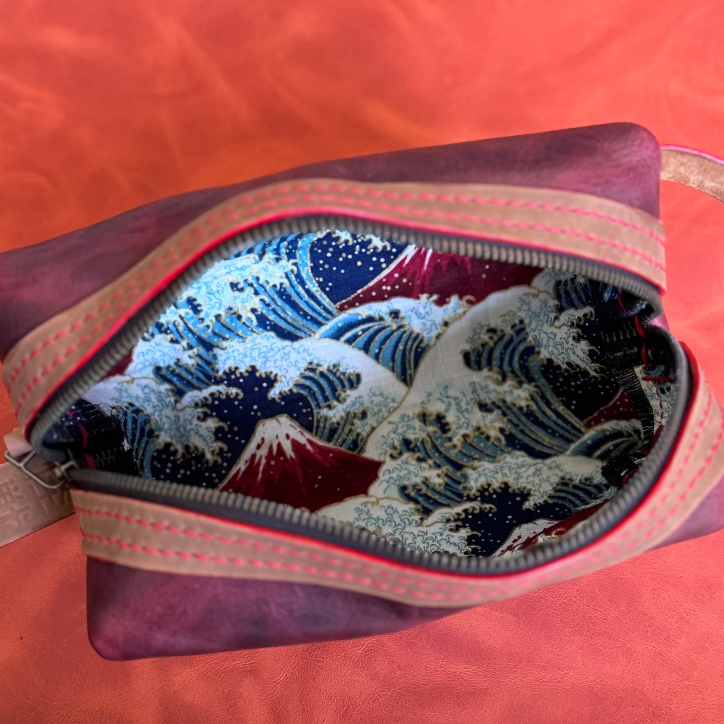 Kaiju Cut and Sew Fire Red Horween Leather Dopp Kit with Japanese Fabric liner | Handmade in Austin, Texas
