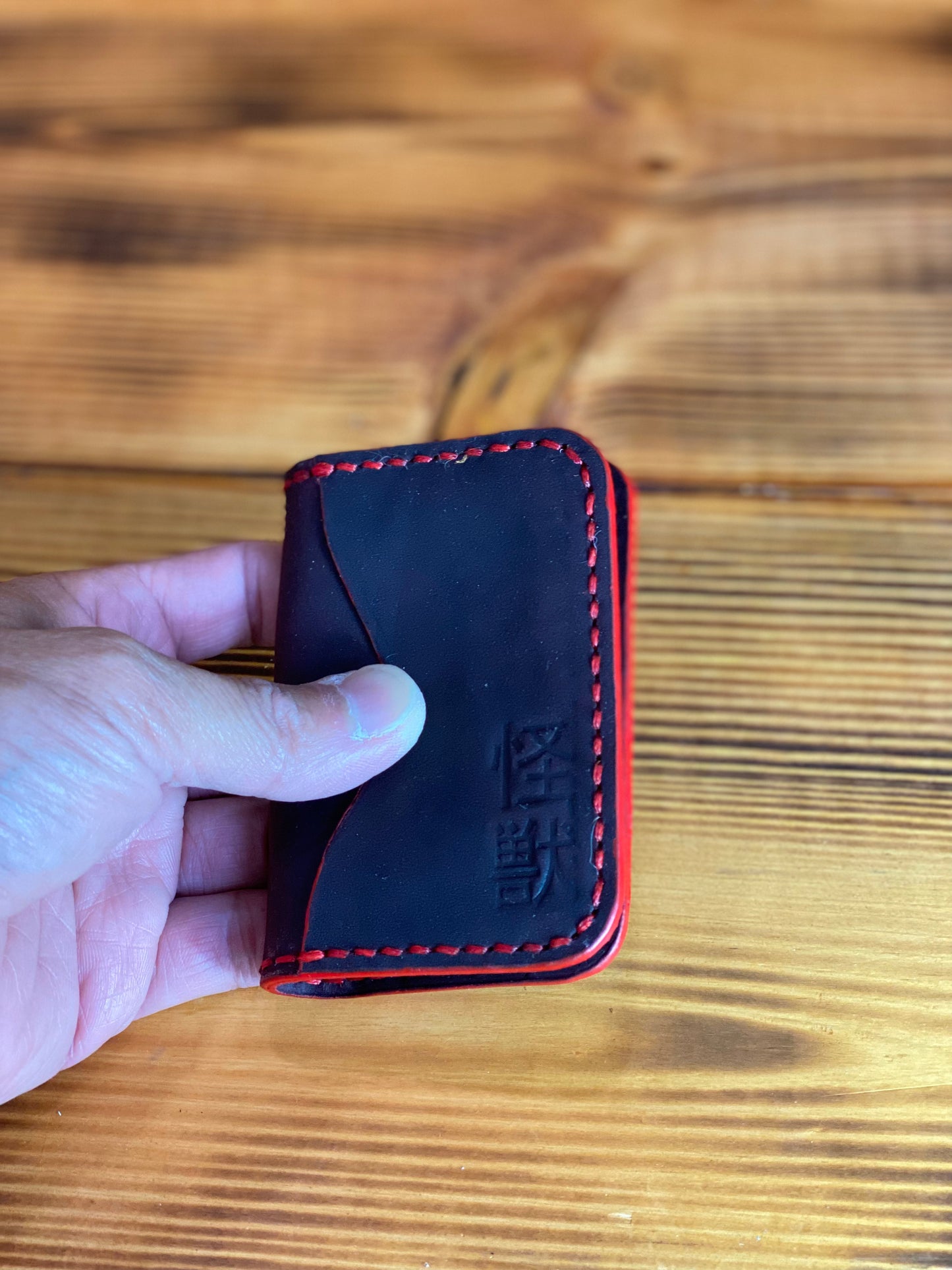 Kaiju Cut and Sew Gojira 3 Pocket Bifold Minimalist Wallet | Black Horween Leather | Handmade in Austin, TX