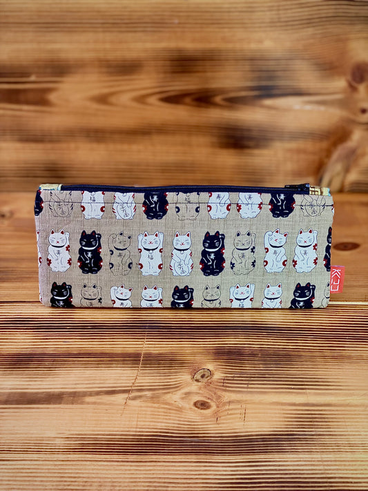 Kaiju Cut and Sew Khaki Maneki Neko Pencil Pouch | Handmade in Austin, Texas