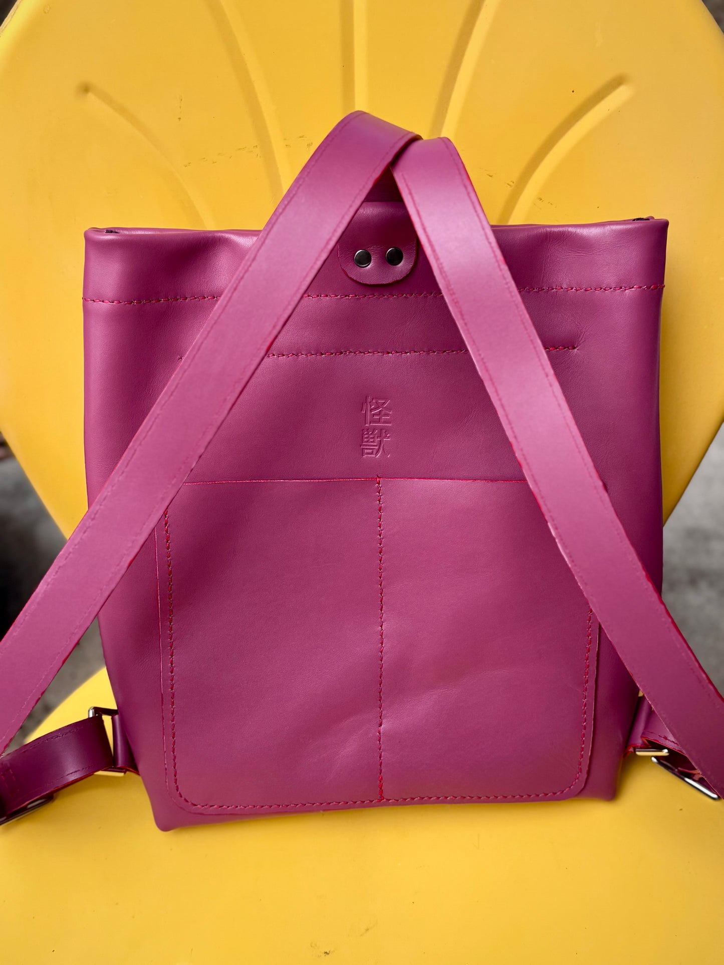 Kaiju Cut and Sew Backpack | Raspberry Horween Leather & Japanese Fabric Interior | Handmade in Austin, Texas