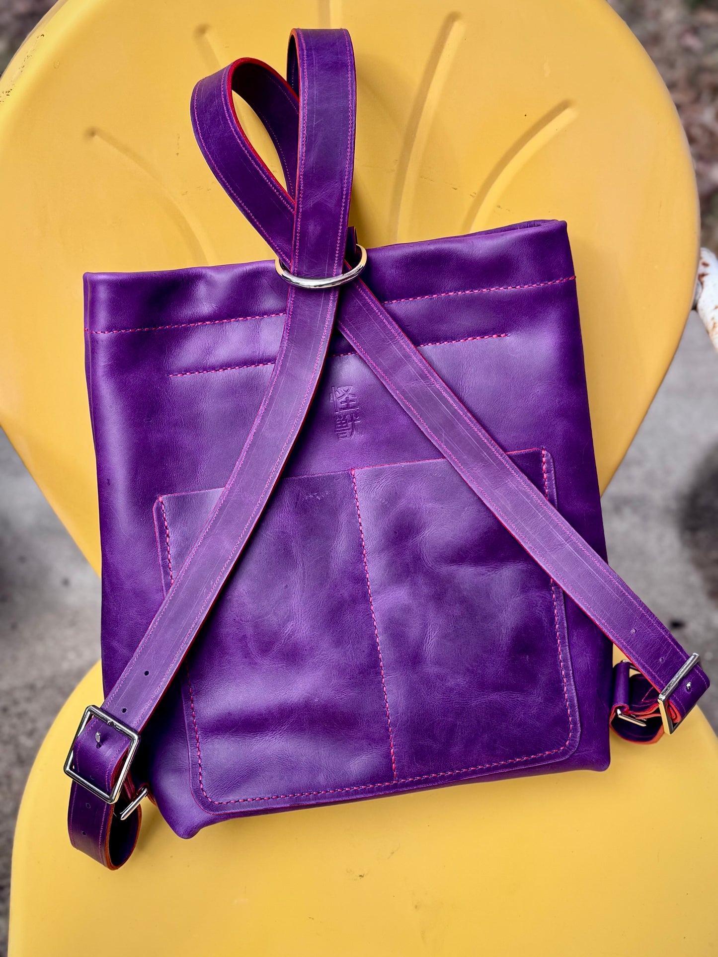 Kaiju Cut and Sew Backpack | Purple Horween Leather & Japanese Fabric Interior | Handmade in Austin, Texas