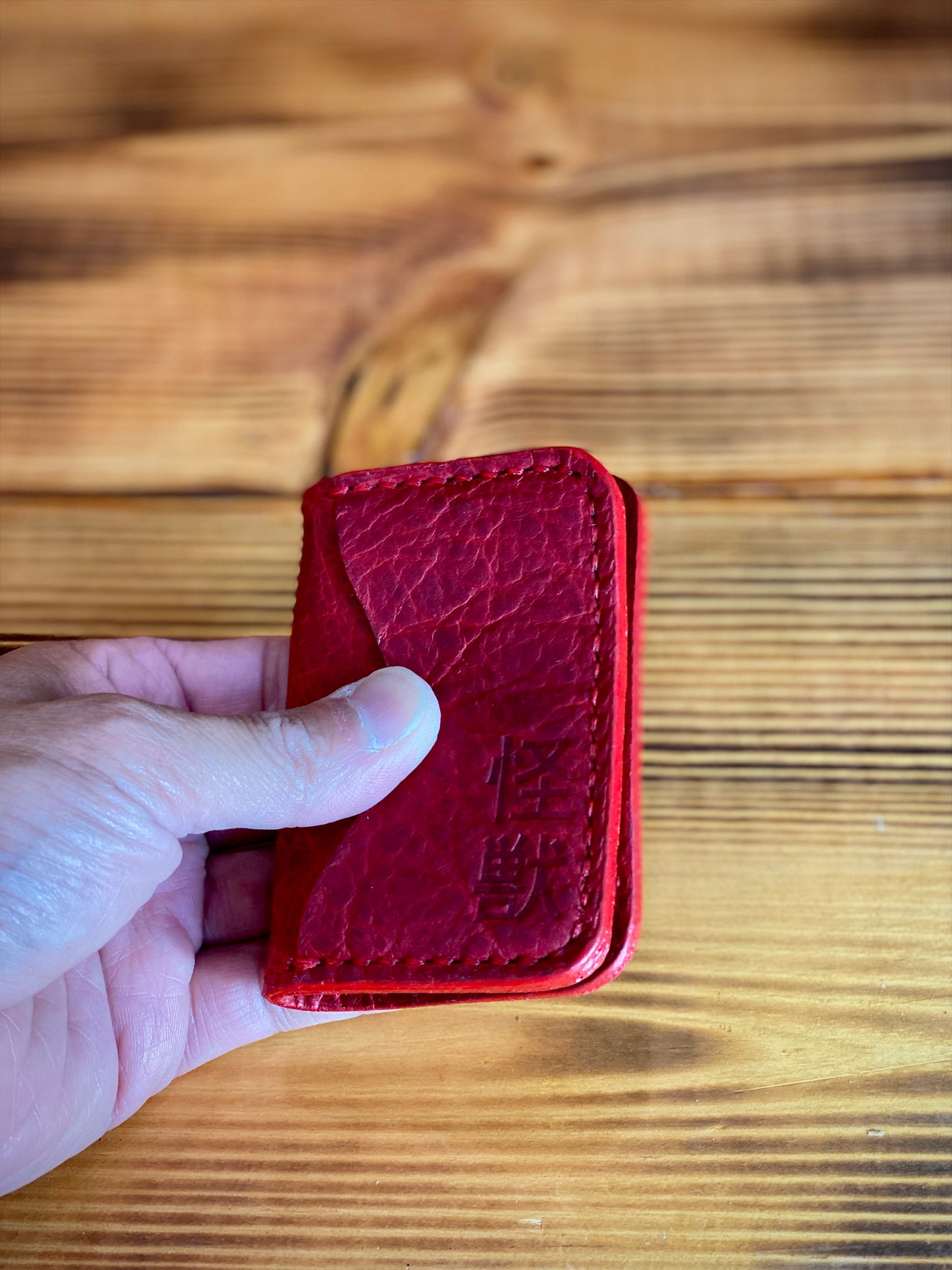 Kaiju Cut and Sew Mecha 3 Pocket Bifold Minimalist Wallet | Red Bison Leather | Handmade in Austin, TX