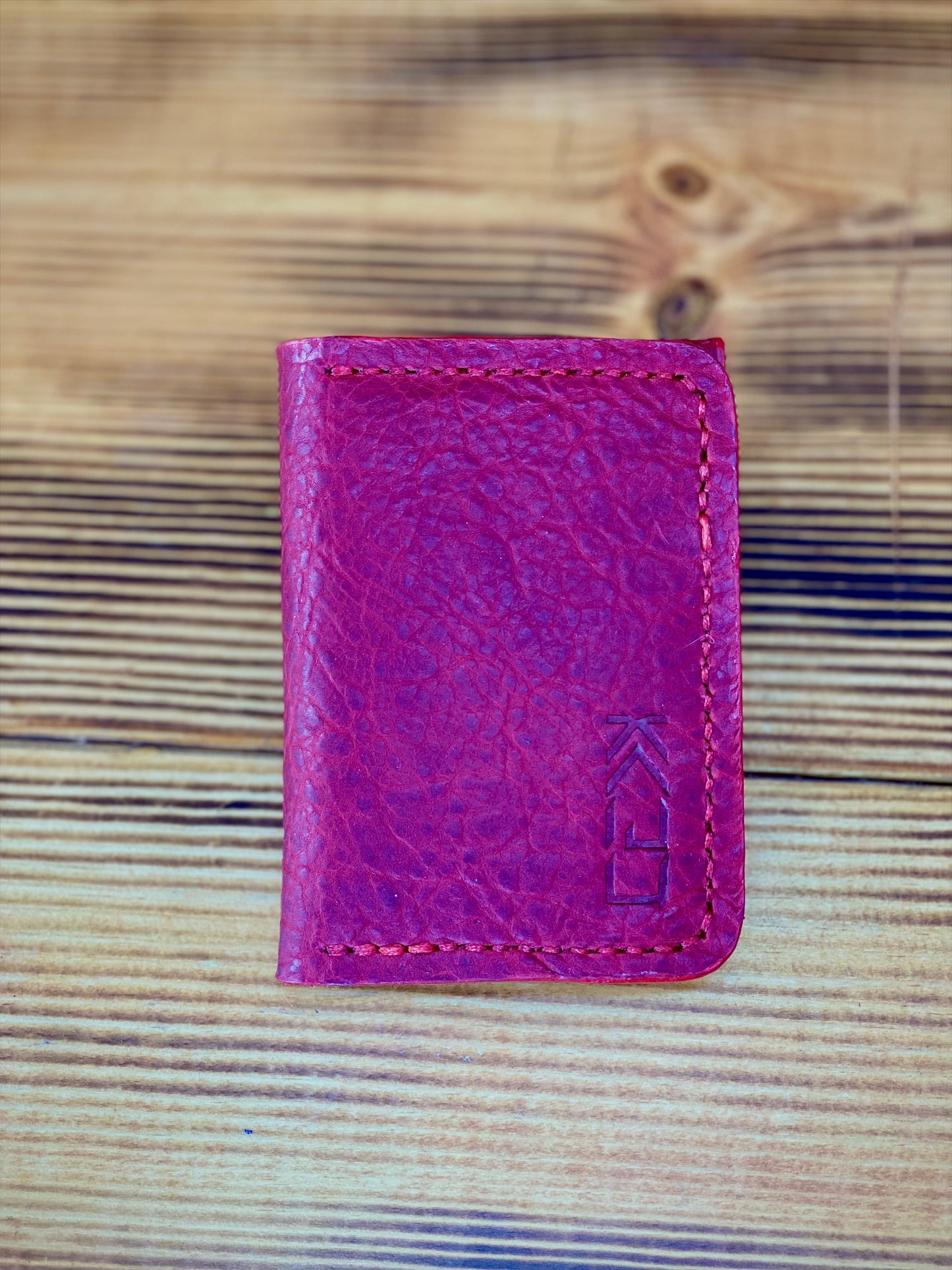 Kaiju Cut and Sew Red Bison Leather Bi-Fold Vertical Wallet with Money Clip | Handmade in Austin, TX
