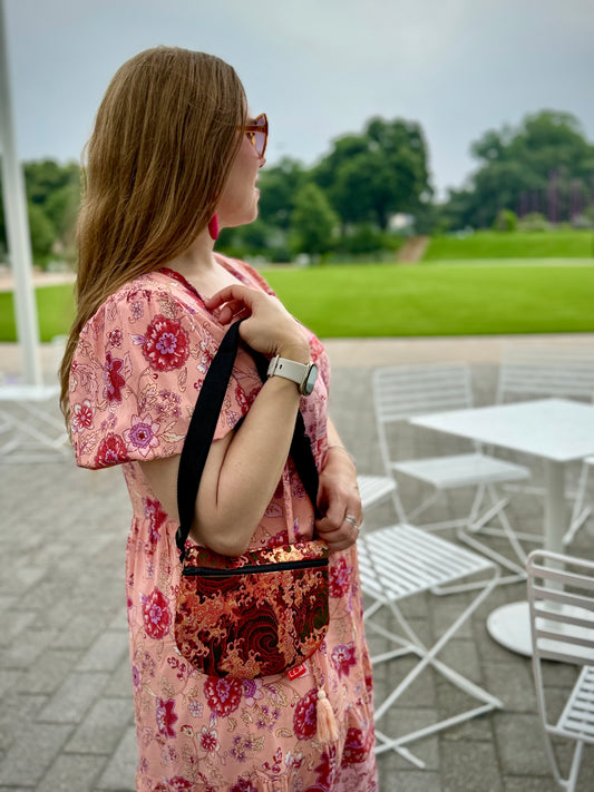 Kaiju Cut and Sew Kimono Fabric Fanny Pack with built in 6 card slot wallet