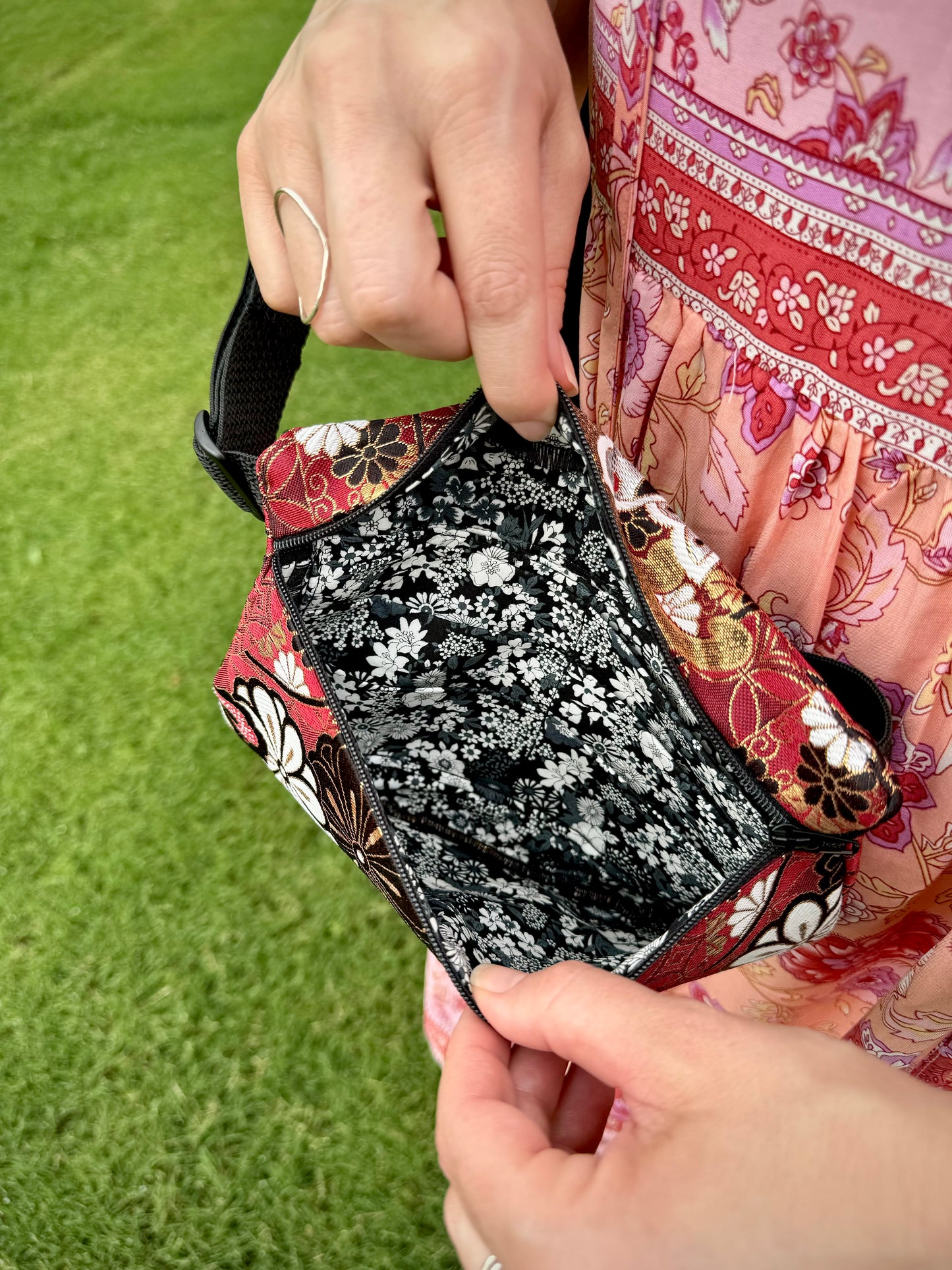Kaiju Cut and Sew | Floral Butterflies Kimono Fabric Fanny Pack with built in 6 card slot wallet