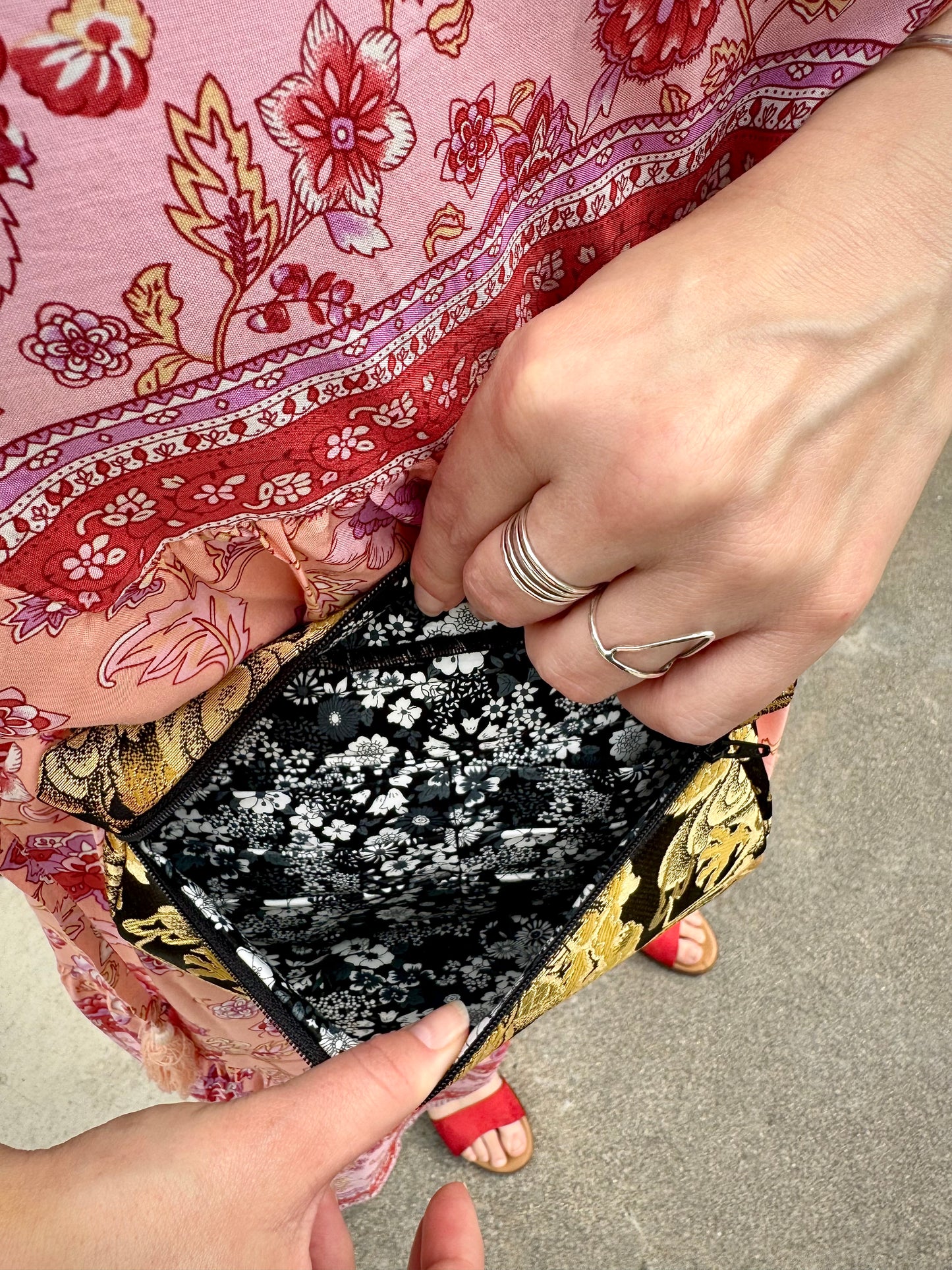 Kaiju Cut and Sew | Black and Gold Dragons Kimono Fabric Fanny Pack with built in 6 card slot wallet