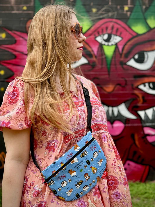 Kaiju Cut and Sew | Corgi Sushi Fabric Fanny Pack with built in 6 card slot wallet