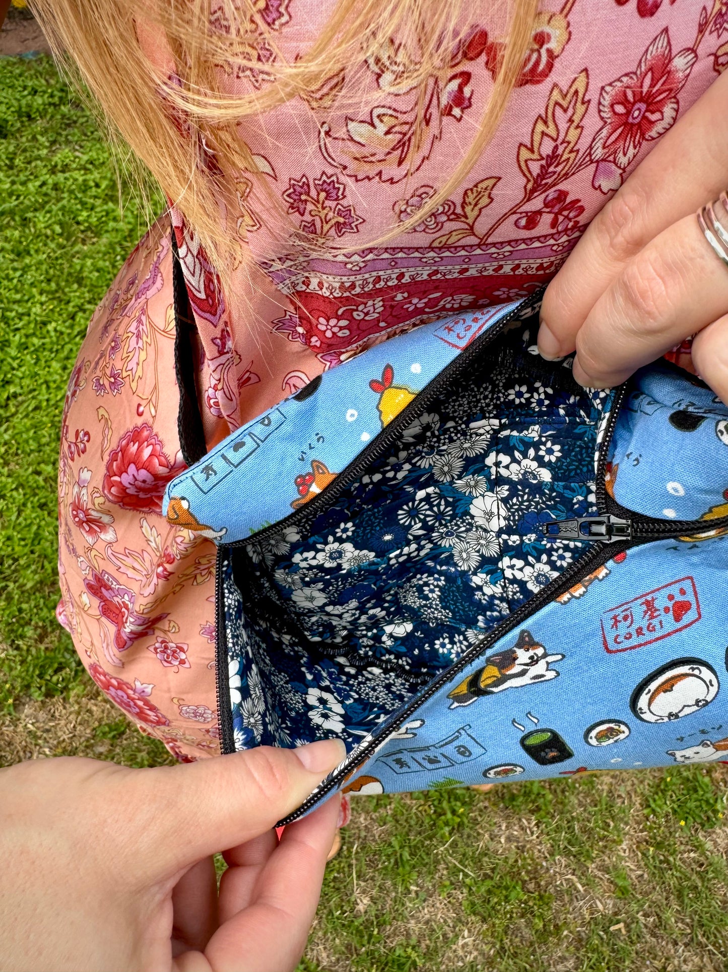 Kaiju Cut and Sew | Corgi Sushi Fabric Fanny Pack with built in 6 card slot wallet