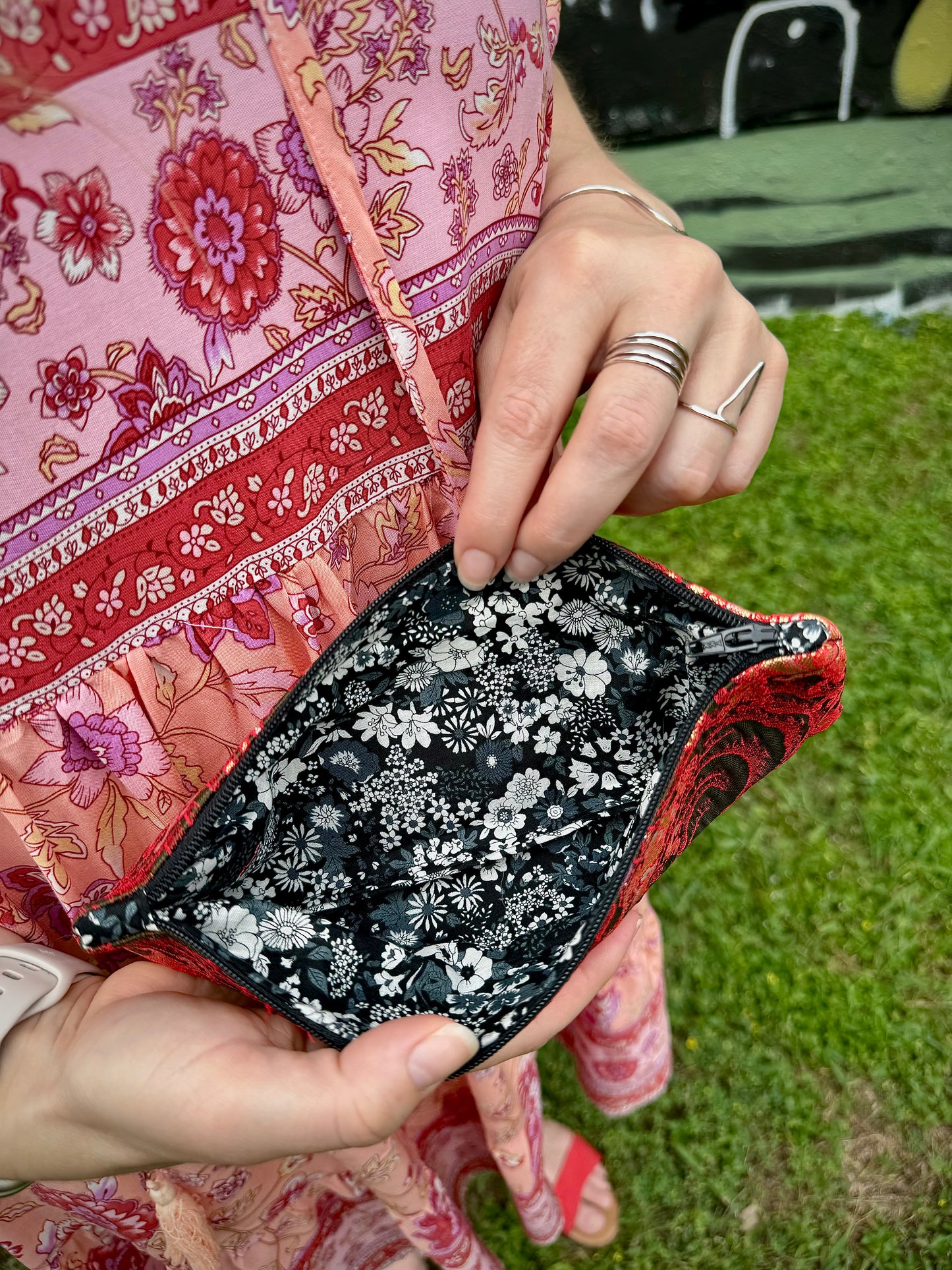Kaiju Cut and Sew Fire Red Waves Kimono Fabric Pencil Pouch | Handmade in Austin, TX | Limited Edition